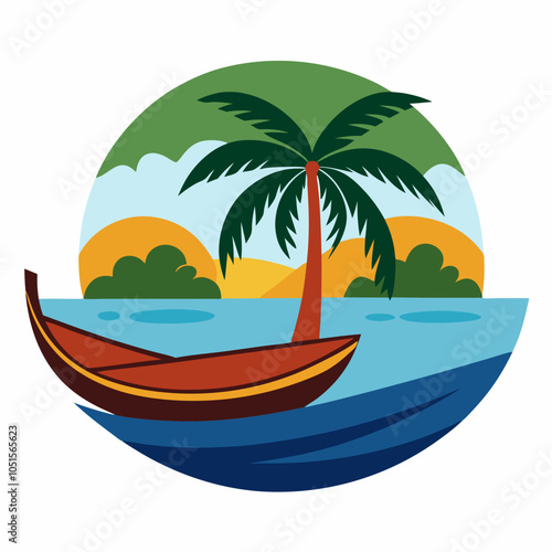 Canoe on river with palm tree silhouette vector illustration on white background