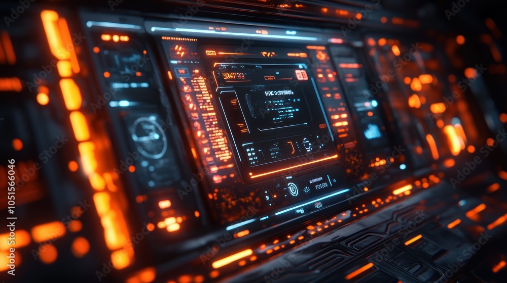 Obraz premium Futuristic control panel with glowing interfaces and data displays.