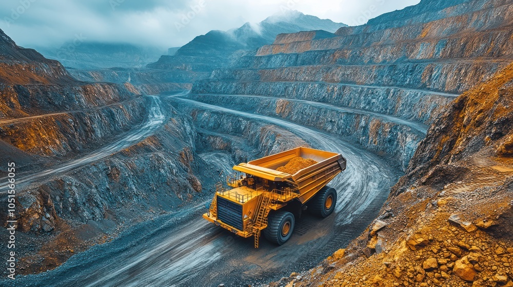 Yellow Mining Truck in a Large Open-Pit Mine Yellow Mining Truck in a Large Open-Pit Mine