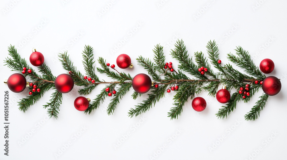 Christmas composition. Garland of red balls and fir branches on a white background. Concept of Christmas, winter, new year. Christmas composition. Garland of red balls and fir branches on a white background. Concept of Christmas, winter, new year.