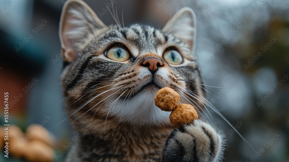 A curious cat holding a treat, gazing intently. A curious cat holding a treat, gazing intently.