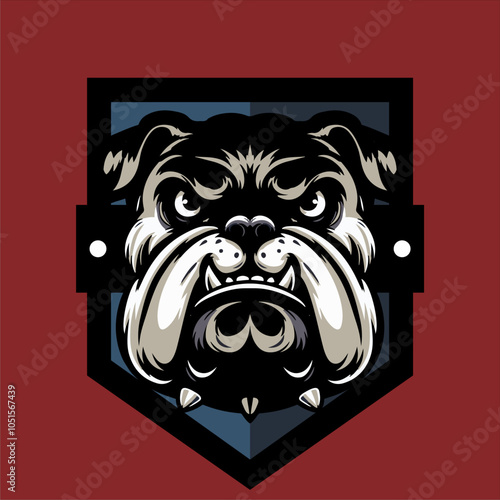 a vector design of the head of a Silver Bulldog, in front of a grey shield. Can be used for business logos, kennel or other businesses.
