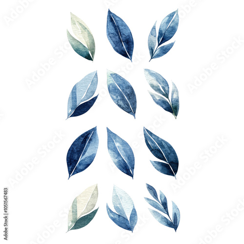 Watercolor Blue Leaves Clipart Set