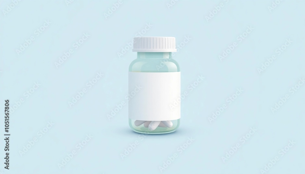 Clear Pill Bottle with Label on Light Blue Background
Clear Pill Bottle with Label on Light Blue Background