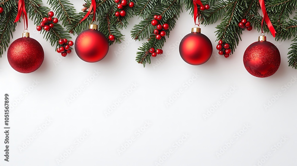 Red Christmas ornaments and fir branches on a white background. Red Christmas ornaments and fir branches on a white background.