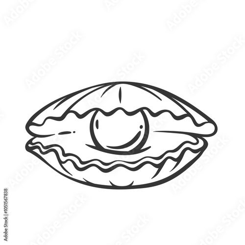 Sea shell with half open valves and pearl line icon. Outline hand drawn vintage opening underwater seashell, cockleshell. Marine animal mascot, simple clam with pearl icon vector illustration