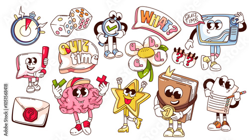 Groovy quiz cartoon characters and stickers set. Funny retro TV and book with gold medal, star and curious eyes with question marks, brain. Quiz cartoon mascots of 70s 80s style vector illustration