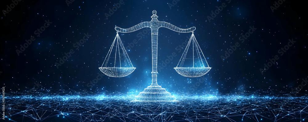 3D Illustration of Scales of Justice with a Futuristic Blue Background 3D Illustration of Scales of Justice with a Futuristic Blue Background