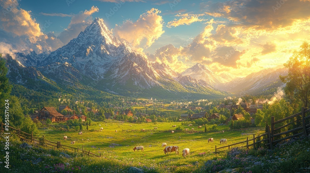 Fototapeta premium Cows Grazing in a Mountain Valley at Sunset