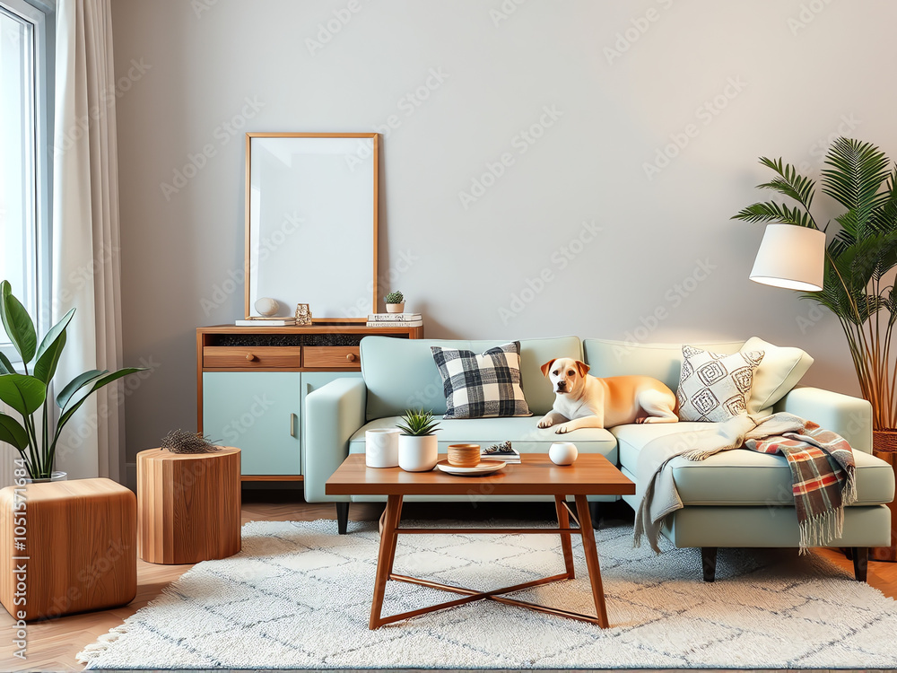 Obraz premium Cozy modern living room with a dog lounging on a stylish sofa and plants adorning the space in bright natural light