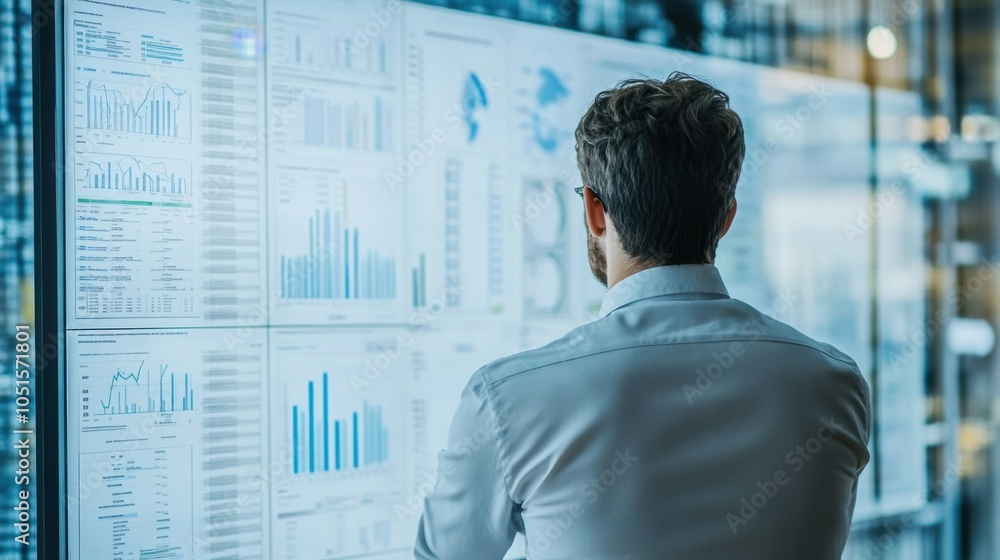 Rear back view of an operations manager looking at a process map detailing workflow steps and efficiency metrics, aiming to streamline business procedures and optimize team performance. Rear back view of an operations manager looking at a process map detailing workflow steps and efficiency metrics, aiming to streamline business procedures and optimize team performance.