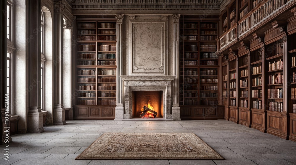 Fototapeta premium Elegant library interior with bookshelves and a cozy fireplace.