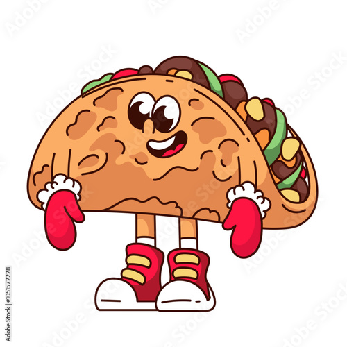 Groovy taco cartoon character in red winter mittens. Funny retro Mexican fast food mascot with happy smile, cartoon Christmas taco, tortilla and filling sticker of 70s 80s style vector illustration