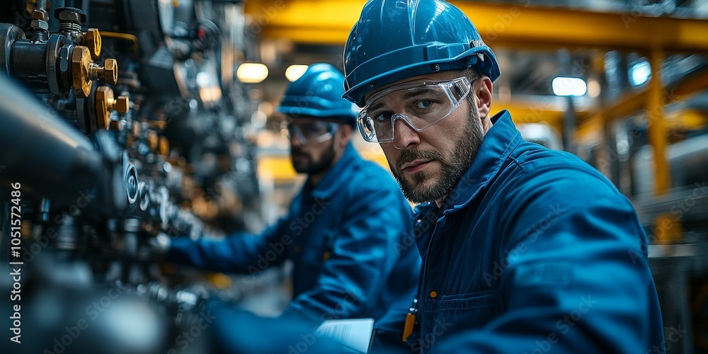 Two Engineers Inspecting Machinery in Industrial Plant with Safety Gear Two Engineers Inspecting Machinery in Industrial Plant with Safety Gear