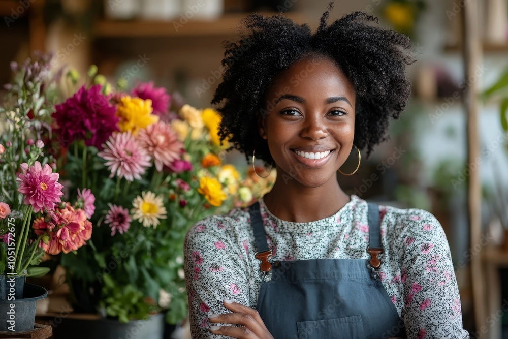 Fototapeta premium Black business woman growing flowers for her floral startup, Generative AI