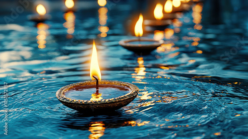 serene scene of floating candles illuminating water, creating tranquil atmosphere. flickering flames reflect beautifully on surface, enhancing festive spirit photo