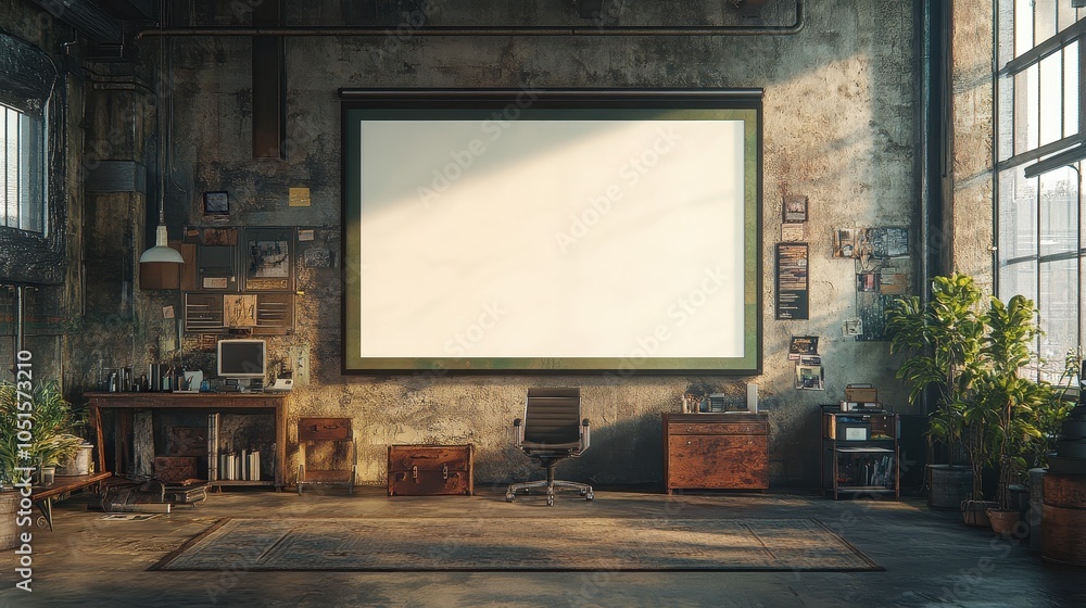 Industrial office with a blank screen on the wall Industrial office with a blank screen on the wall