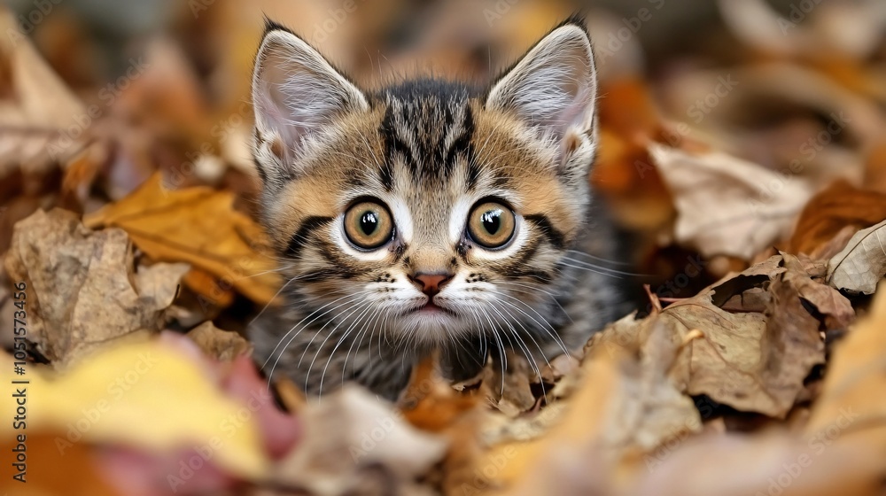 Fototapeta premium Adorable Kitten Hiding in Autumn Leaves
