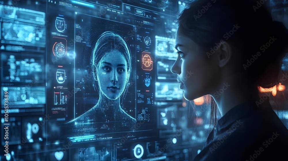 Businessperson Interacting with Futuristic Holographic HR Platform for Employee Management Businessperson Interacting with Futuristic Holographic HR Platform for Employee Management