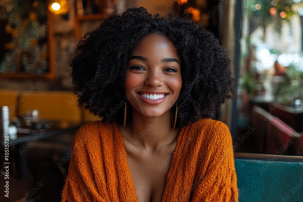 Black woman smiling and having fun in a cafe, Generative AI Black woman smiling and having fun in a cafe, Generative AI