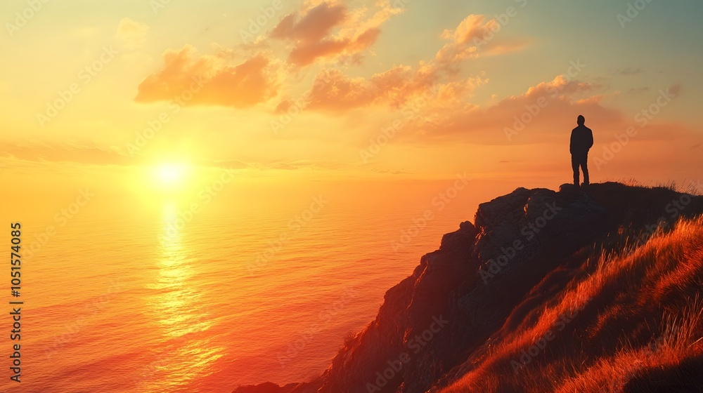 Fototapeta premium Man standing on top of cliff at sunset.