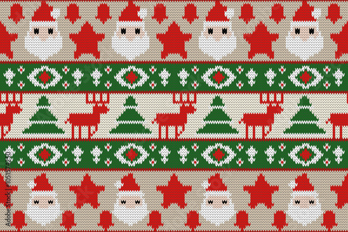 Knitting seamless pattern with santa, Christmas tree and reindeer ornament. Fabric Seamless pattern.Vector illustration. Ikat ethnic oriental embroidery,Aztec style,baroque.design for texture,clothing