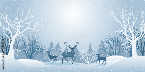 Winter landscape, deer in the forest, snowdrifts and forest, snowfall and sunshine, vector illustration