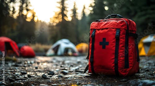 First aid kit with an outside scene in the background