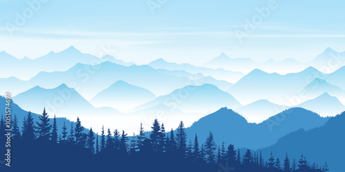 Morning in the mountains, misty silhouettes of ridges, vector illustration