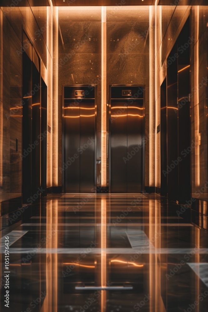 A shot of a vacant building featuring two functioning elevators A shot of a vacant building featuring two functioning elevators