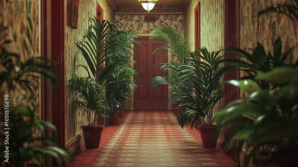 Fototapeta premium Long corridor with vintage wallpaper and potted plants along the sides.