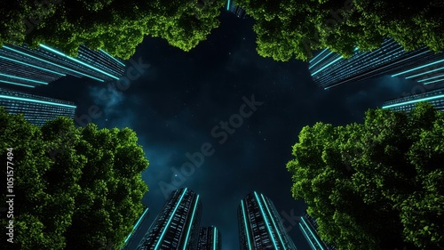 Bioluminescent urban forest in a futuristic cityscape, futuristic concept, natureintegrated smart city, 3D illustration photo