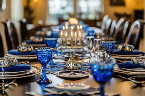 Decorated Hanukkah Table: A beautifully set table ready for a Hanukkah dinner, featuring blue and silver decorations, a menorah at the center, and place settings with traditional Jewish symbols like t photo