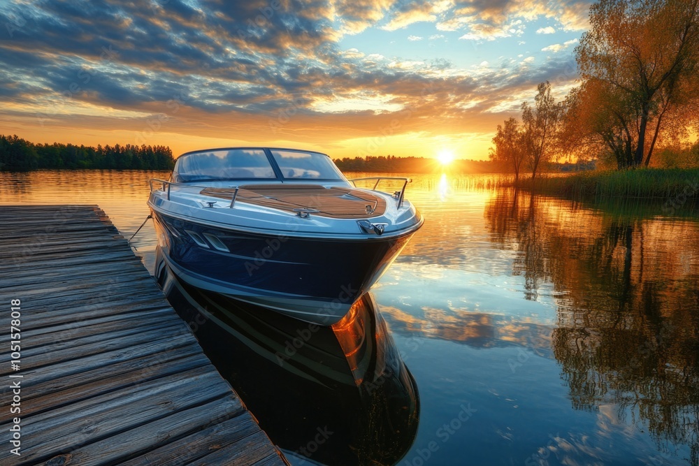 Obraz premium A boat moored at the dock as the sun sets in the background