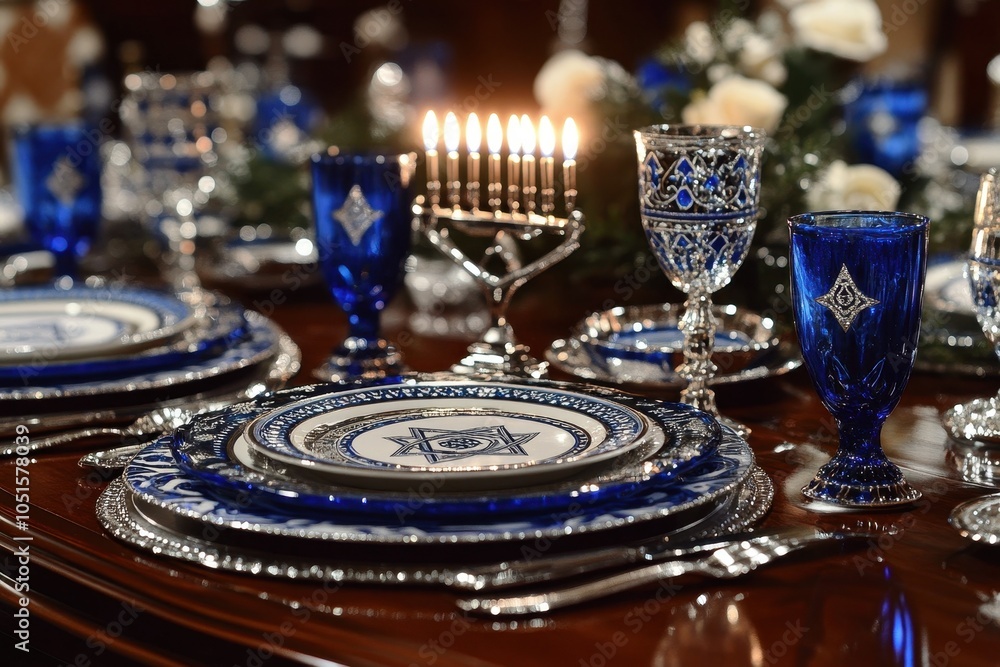 Decorated Hanukkah Table: A beautifully set table ready for a Hanukkah dinner, featuring blue and silver decorations, a menorah at the center, and place settings with traditional Jewish symbols like t Decorated Hanukkah Table: A beautifully set table ready for a Hanukkah dinner, featuring blue and silver decorations, a menorah at the center, and place settings with traditional Jewish symbols like t