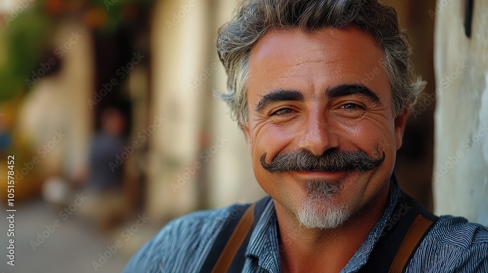 Fototapeta premium Middle-aged Italian man with a thick mustache and a warm smile.