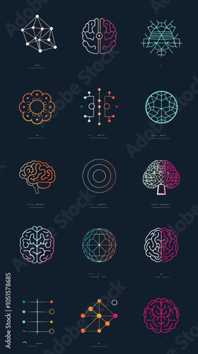 Set of abstract dots and lines brain logotypes concept. Logo for science innovation, machine learning, ai, medical research, new technology development, human brain health, it startup