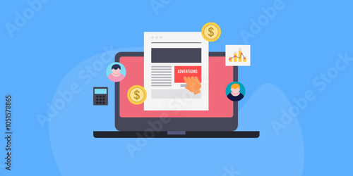 Online business calculates cost per lead, marketing budget and expenses analysis on laptop screen, vector illustration.