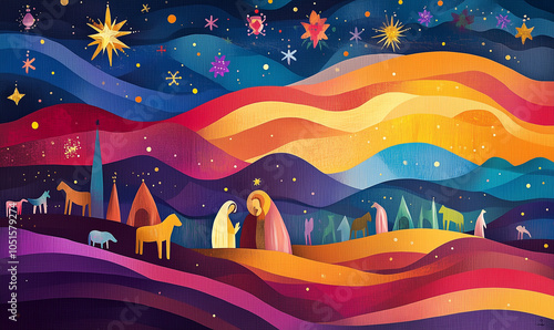 Christmas nativity scene colourful illustration design. silhouette nativity scene with baby jesus mary and joseph.