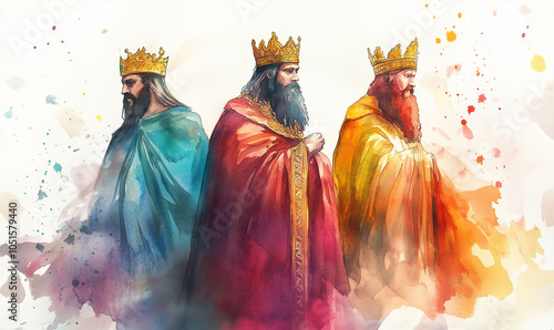 Epiphany. The Visit of the Three Wise Men on white background. Watercolor painting.