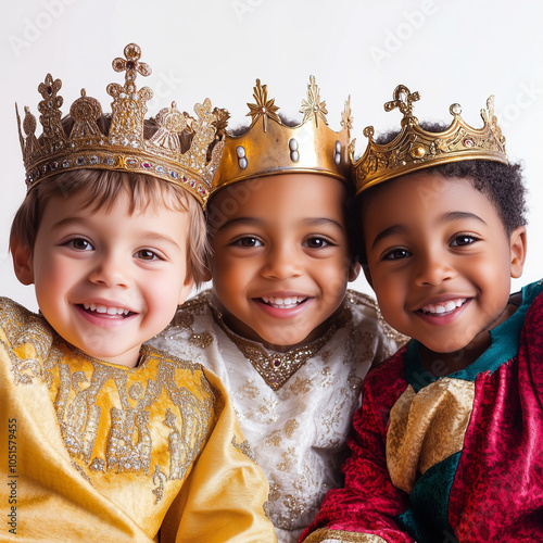 Three children dressed as the Three Wise Men, happy and smiling, looking at the camera on a white background. Copy space. Banner.