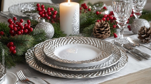 Christmas table setting decorated with candles, garland, and pine cones