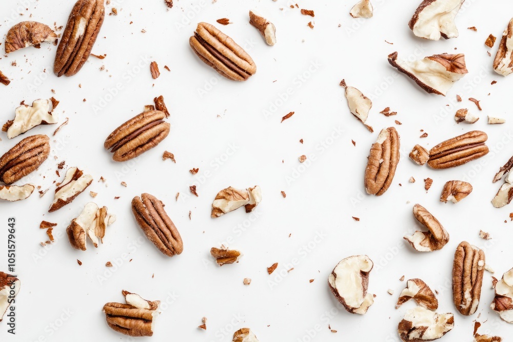 A cluster of pecans sitting on a clean white surface, perfect for showcasing or illustrating A cluster of pecans sitting on a clean white surface, perfect for showcasing or illustrating