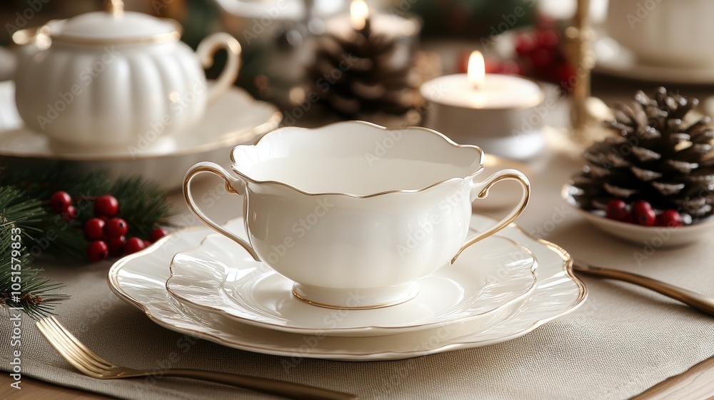 Fototapeta premium Elegant christmas table setting with white porcelain and decorations