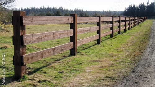 Rustic Wooden Fence Along a Green Pasture Landscape