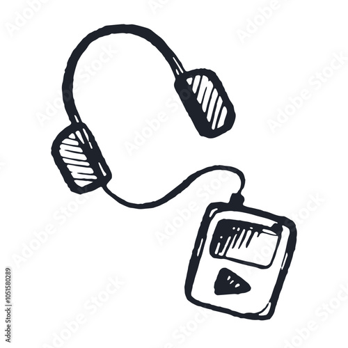 Scribble Sketch Icon of Headphone and Player. Hand drawn Doodle Isolated element