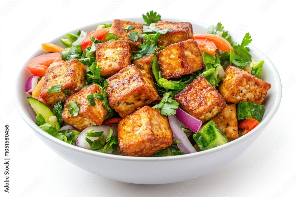 Fresh tofu and colorful vegetables arranged in a bowl Fresh tofu and colorful vegetables arranged in a bowl