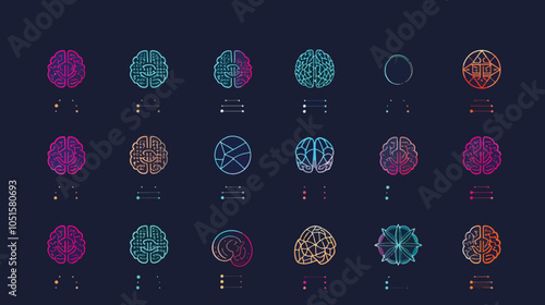 Set of abstract dots and lines brain logotypes concept. Logo for science innovation, machine learning, ai, medical research, new technology development, human brain health, it startup