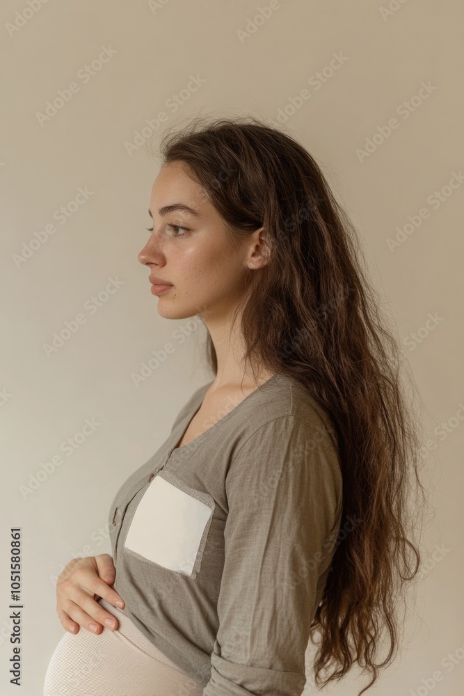 Fototapeta premium A pregnant woman with long brown hair sitting comfortably