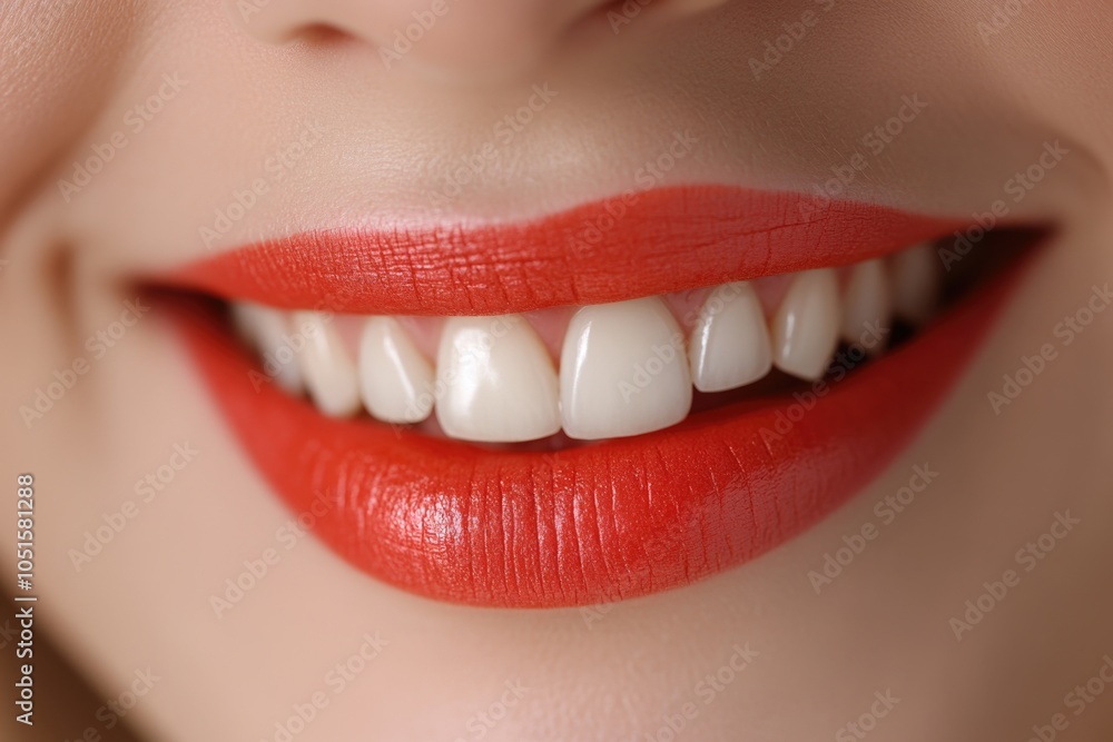 Fototapeta premium A close-up shot of a woman's mouth with bright red lipstick